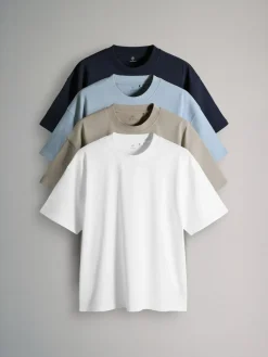Hot The Set Oversized Fit 4 Pack Short Sleeve Cotton T-Shirts Navy/Blue/Brown/White