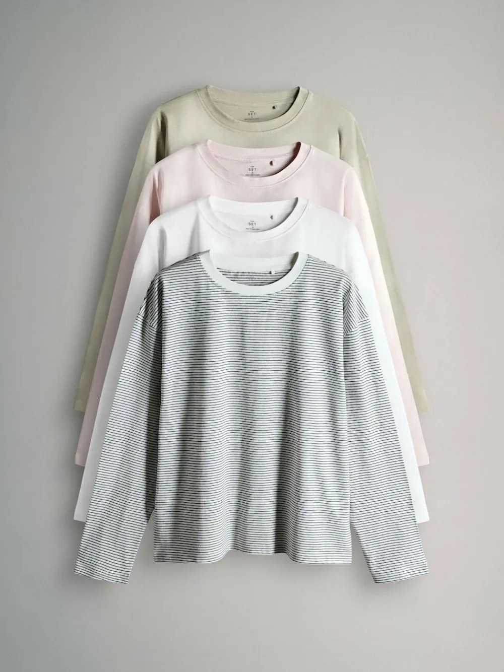 Discount The Set Relaxed Fit 4 Pack 100% Cotton Relaxed Long Sleeve T-Shirts Light Green/Pink/White/Stripe