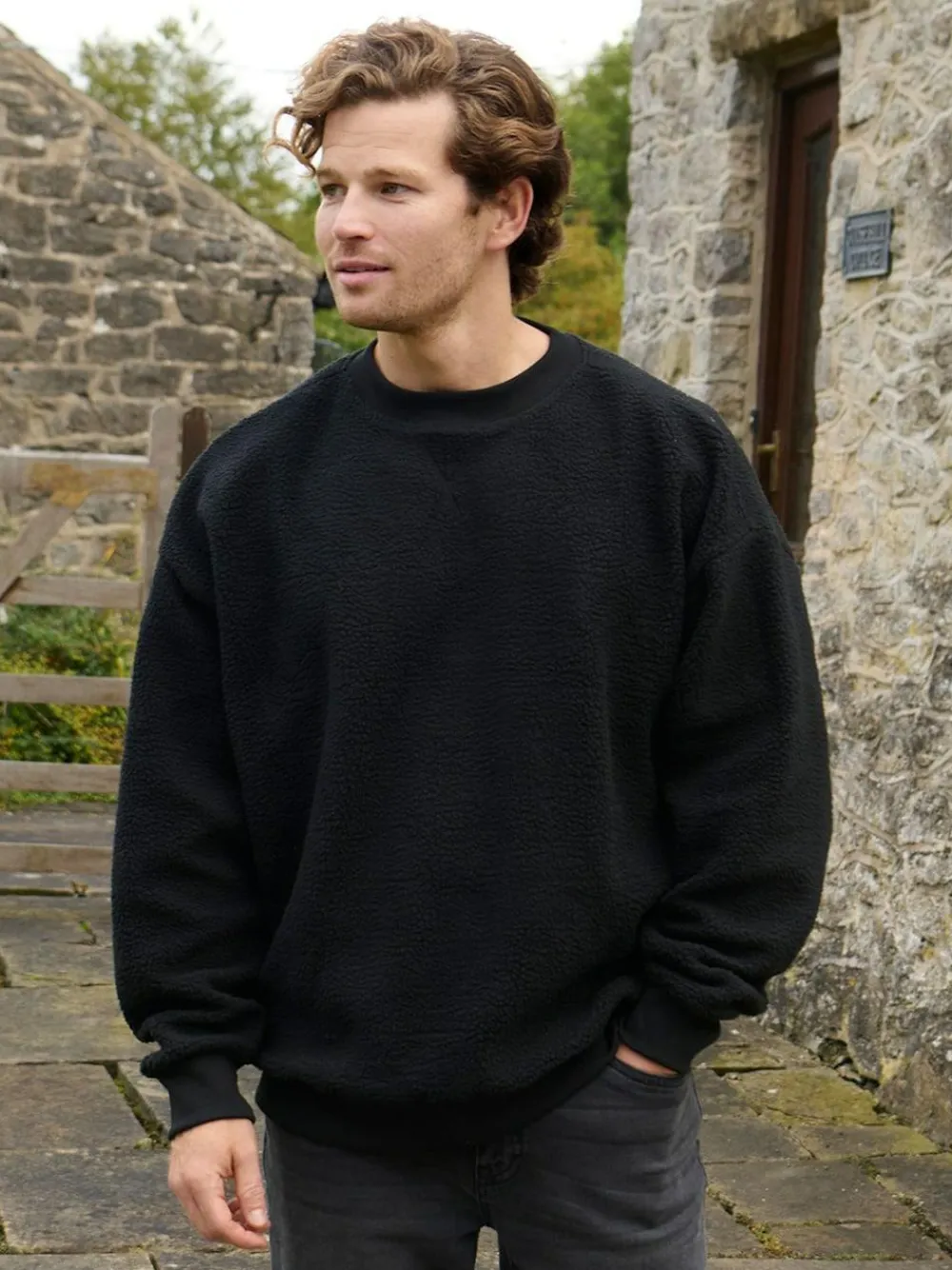 Clearance Threadbare Crew Neck Relaxed Fit Borg Sweatshirt Black