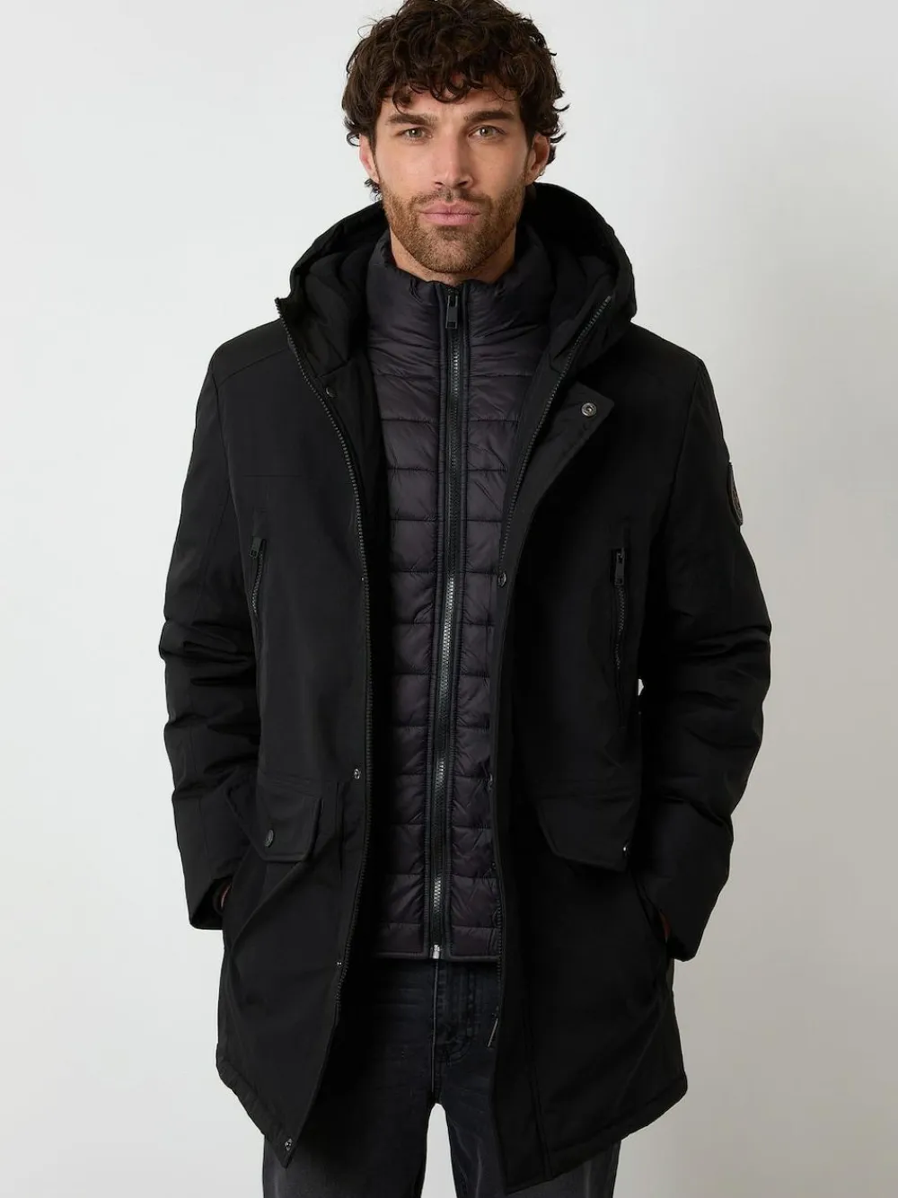 Online Threadbare Black Mock Inner Longline Utility Coat