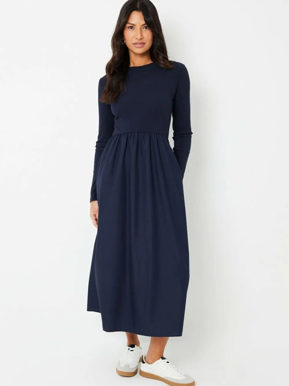 Threadbare Blue Rib Jersey 2-In-1 Midi Dress with Poplin Skirt^Women Midi Dresses