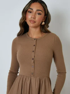 Threadbare 2-in-1 Jersey Poplin Mix Button Down Dress^Women Midi Dresses|Dresses
