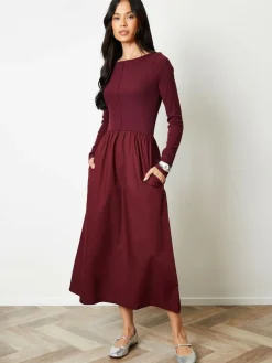 Discount Threadbare 2-in-1 Jersey Poplin Mix Slash Neck Long Sleeve Dress Red