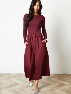 Discount Threadbare 2-in-1 Jersey Poplin Mix Slash Neck Long Sleeve Dress Red