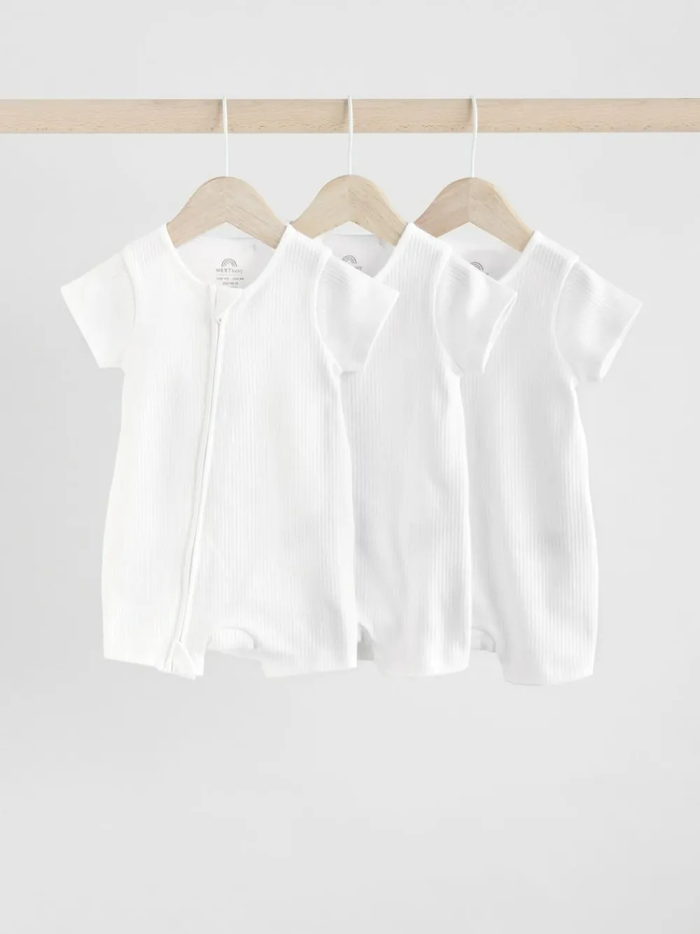 Sale Next White 3 Pack Two Way Zip Baby 100% Cotton Rompers (0mths-3yrs)