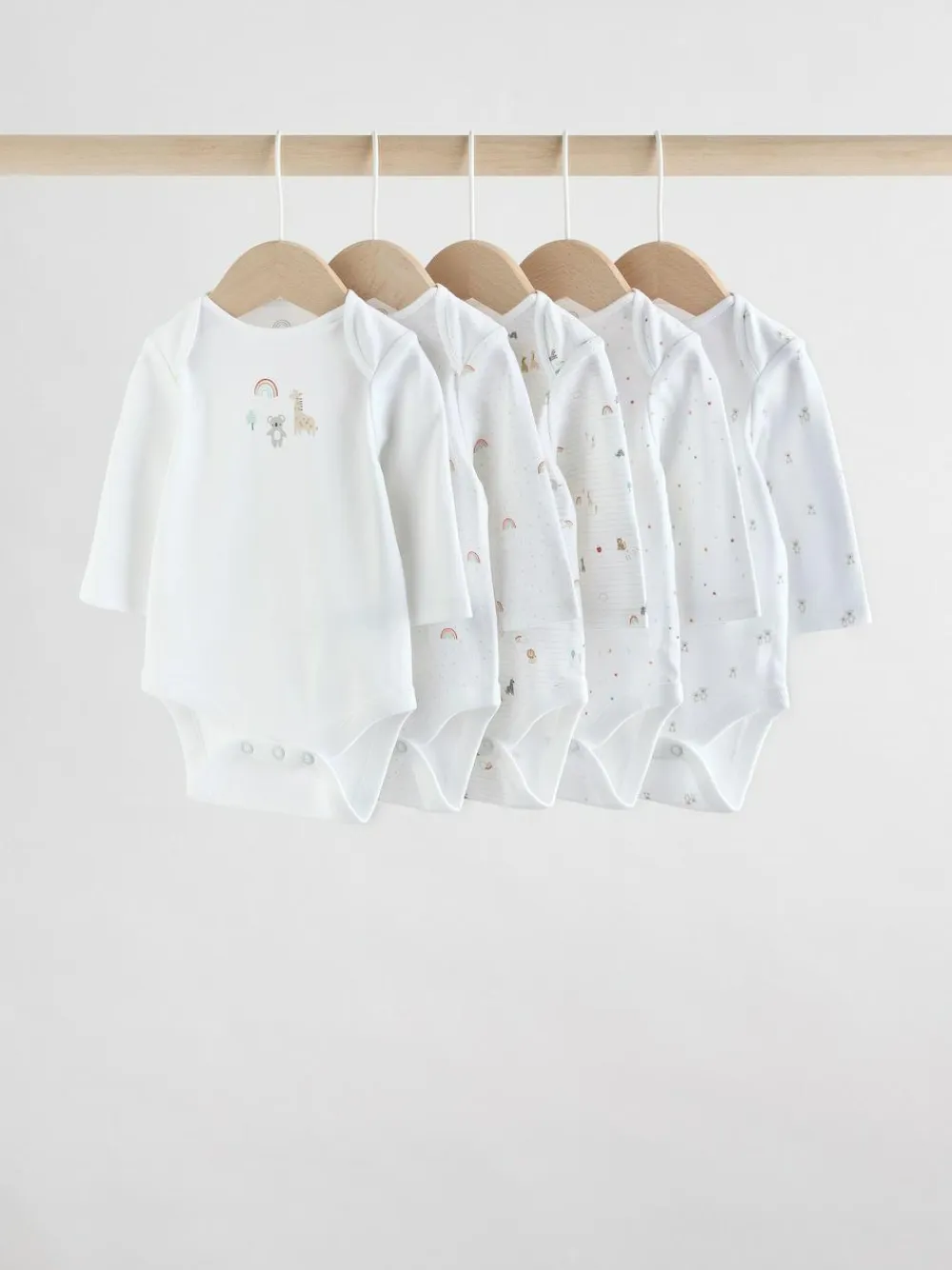Hot Next White Character 5 Pack Long Sleeve 100% Cotton Baby Bodysuits