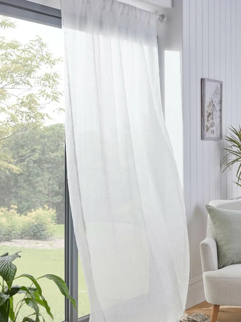 Next White Crinkle Slot Top Voile Unlined Sheer Panel Curtain^ Curtains & Blinds