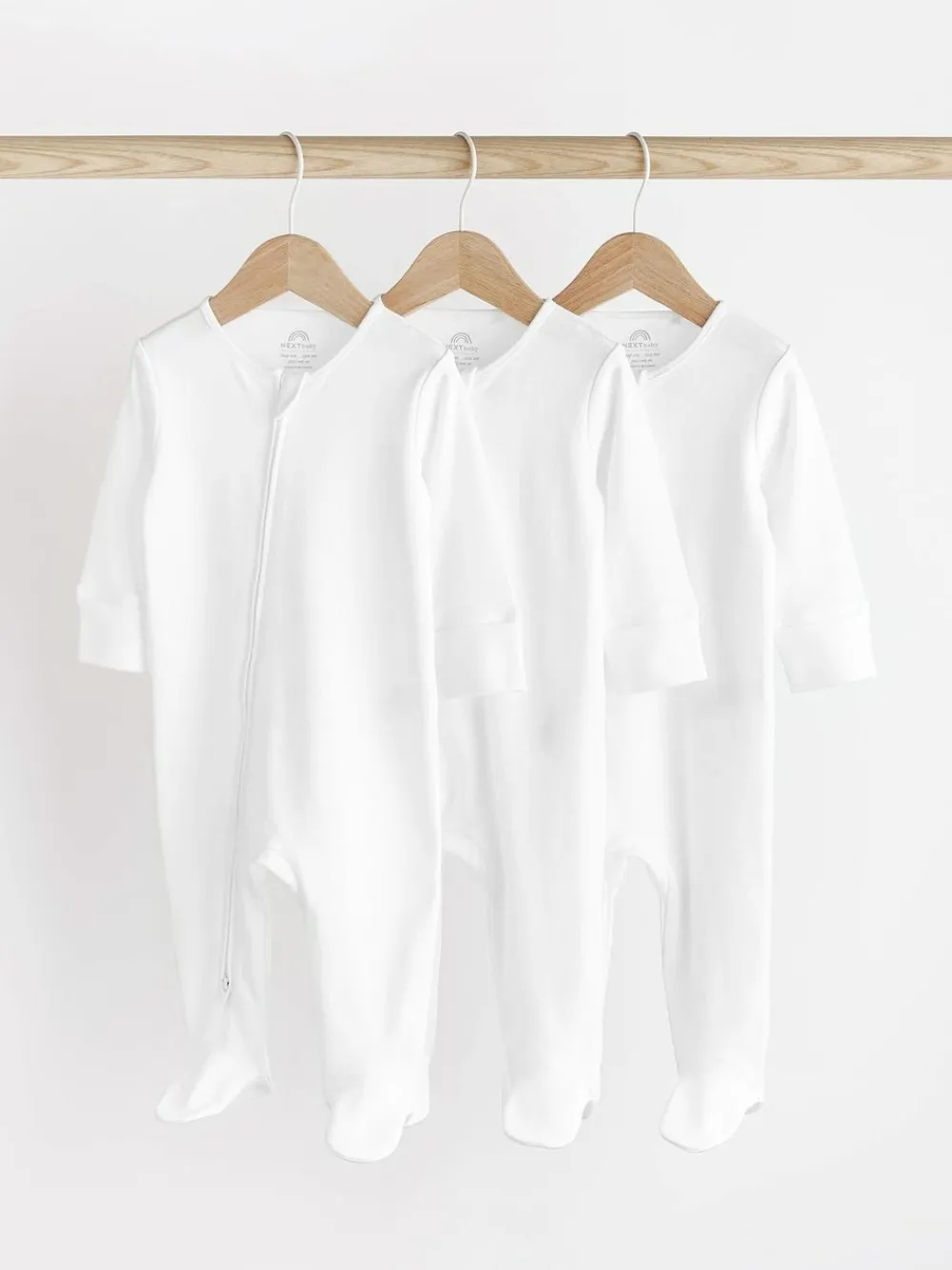 Outlet Next Essential Zipped 100% Cotton Baby Sleepsuits 3 Pack (0-3yrs) White