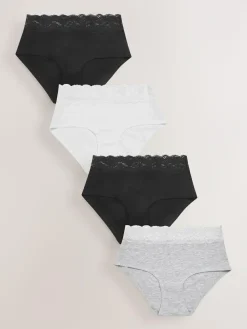 Best Next Midi Cotton Lace Knickers 4 Pack White/Black/Grey