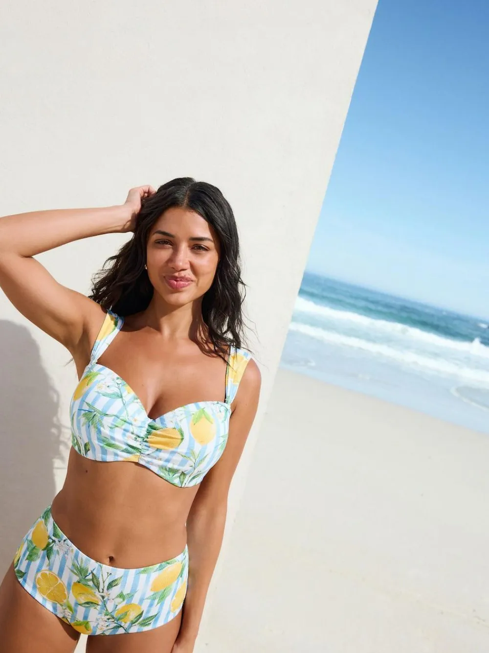 Next White/Blue Pique Stripe Lemon Print Wired Bandeau Bikini Top^Women Swimwear