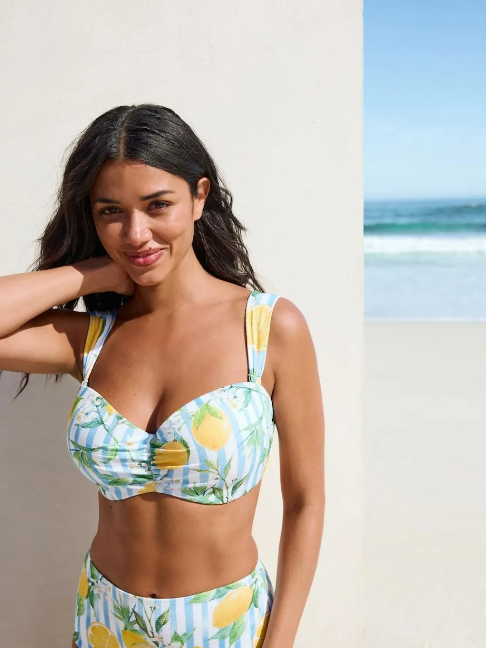 Next White/Blue Pique Stripe Lemon Print Wired Bandeau Bikini Top^Women Swimwear