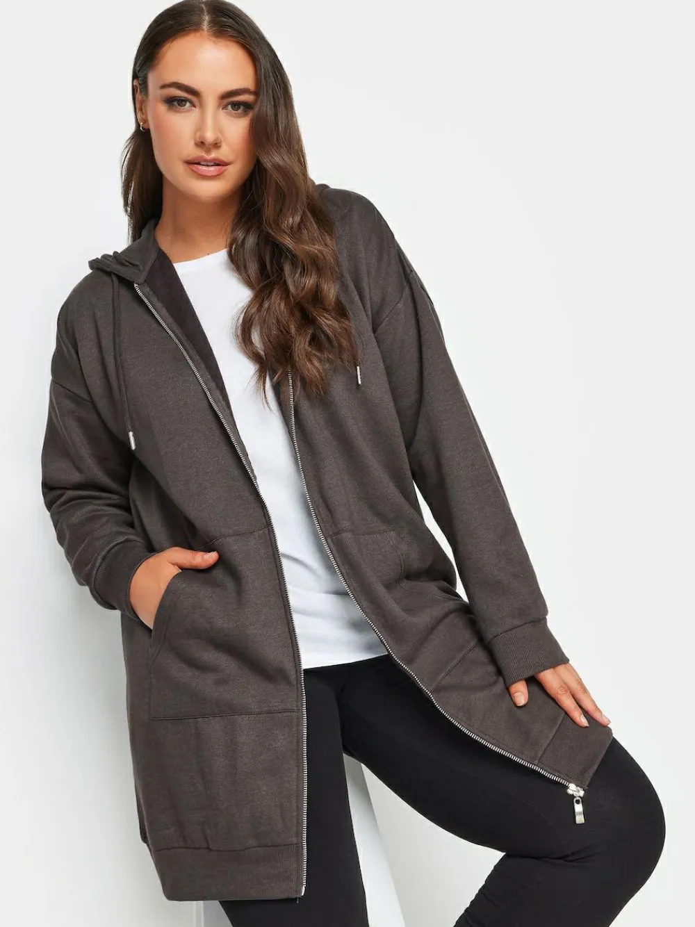Outlet Yours Curve Grey Longline Zip Through Hoodie