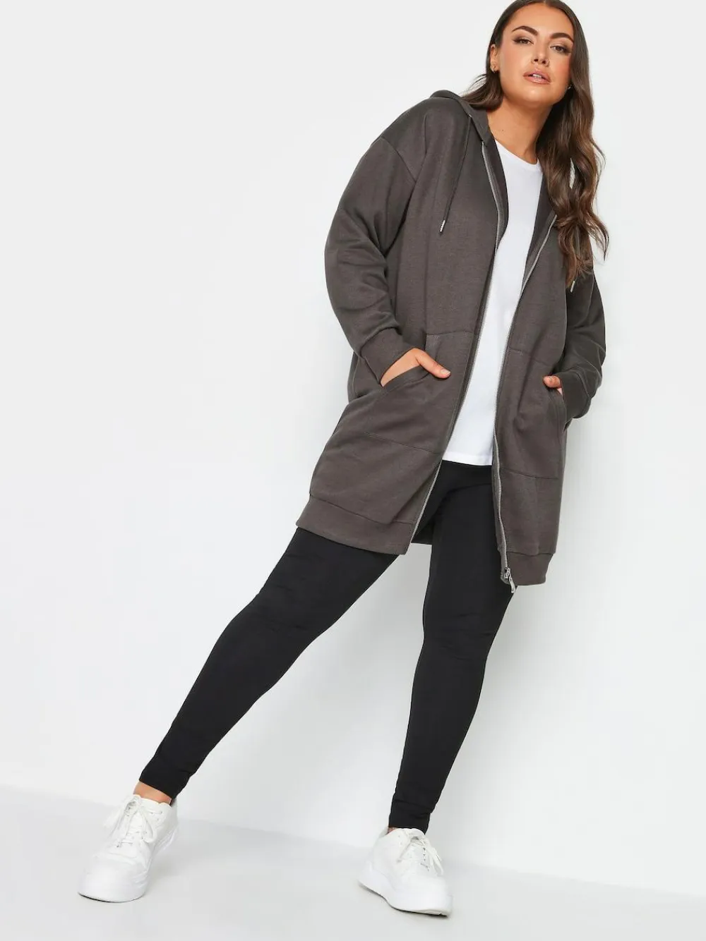 Outlet Yours Curve Grey Longline Zip Through Hoodie