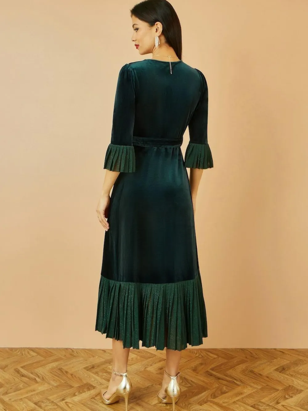 Sale Yumi Green Velvet Wrap Midi Dress With Contrast Hemline